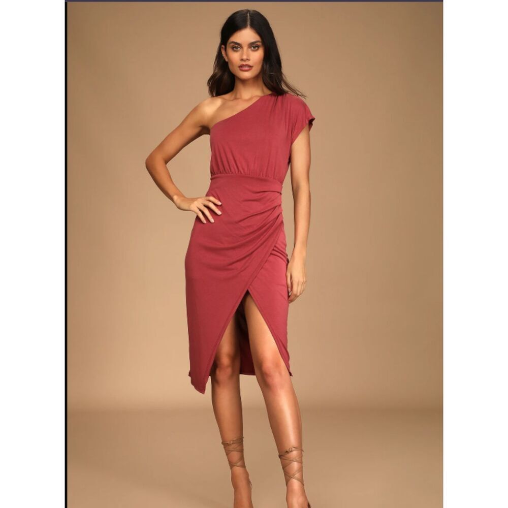Lulus Raise a Glass Rusty Rose One-Shoulder Midi Dress Body Con Plum Size L